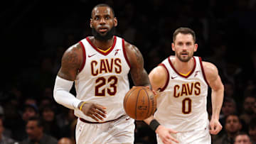 Cleveland Cavaliers small forward LeBron James and center Kevin Love in action against the Brooklyn Nets at Barclays Center. 