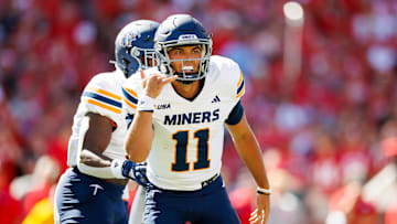 UTEP Miners quarterback Cade McConnell (11) looks over towards the sideline before facing the Nebraska Cornhuskers defense during the first half at Memorial Stadium in Lincoln, Nebraska, Saturday, August 31, 2024.