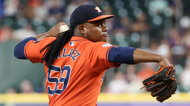 Aug 30, 2024; Houston, Texas, USA; Houston Astros starting pitcher Framber Valdez pitches against the Kansas City Royals.