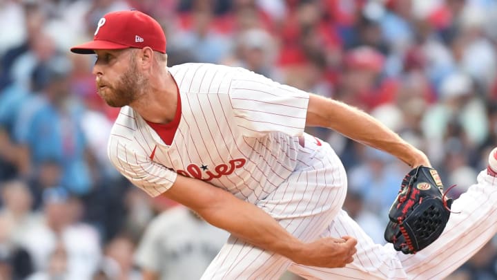 Jul 29, 2024; Philadelphia, Pennsylvania, USA; Philadelphia Phillies pitcher Zack Wheeler (45) against the New York Yankees at Citizens Bank Park. Mandatory Credit: Eric Hartline-USA TODAY Sports