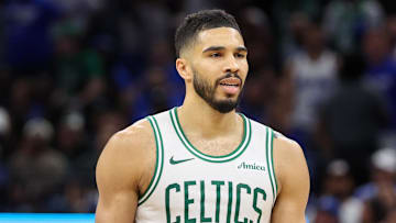 Apr 27, 2025; Orlando, Florida, USA; Boston Celtics forward Jayson Tatum (0) reacts after a foul against the Orlando Magic in the fourth quarter during game four of first round for the 2025 NBA Playoffs at Kia Center. Mandatory Credit: Nathan Ray Seebeck-Imagn Images