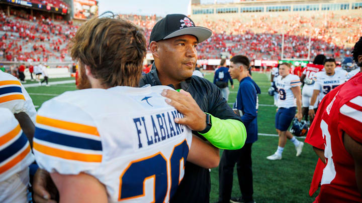 Nebraska Cornhuskers associate head Coach / defensive coordinator and Burgers HS graduate greets UTEP players after the game at Memorial Stadium in Lincoln, Nebraska, Saturday, August 31, 2024. The Cornhuskers defeated the Miners 40-7 in the first game of the season for both teams.