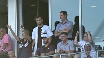 Jun 17, 2024; Omaha, NE, USA;  Texas A&M Aggies athletic director Trev Alberts watches action against the Kentucky Wildcats during the third inning at Charles Schwab Field Omaha. Mandatory Credit: Steven Branscombe-USA TODAY Sports