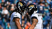 Nov 30, 2025; Nashville, Tennessee, USA;  Jacksonville Jaguars wide receiver Jakobi Meyers (3) celebrates with his teammates after touchdown against the Tennessee Titans during the first half at Nissan Stadium. Mandatory Credit: Steve Roberts-Imagn Images