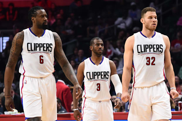 Los Angeles Clippers center DeAndre Jordan (6), guard Chris Paul (3) and forward Blake Griffin (32)