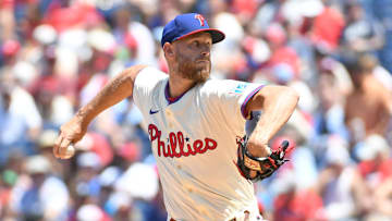Jul 6, 2025; Philadelphia, Pennsylvania, USA; Philadelphia Phillies pitcher Zack Wheeler (45) throws a pitch during the first inning against the Cincinnati Reds at Citizens Bank Park. Mandatory Credit: Eric Hartline-Imagn Images