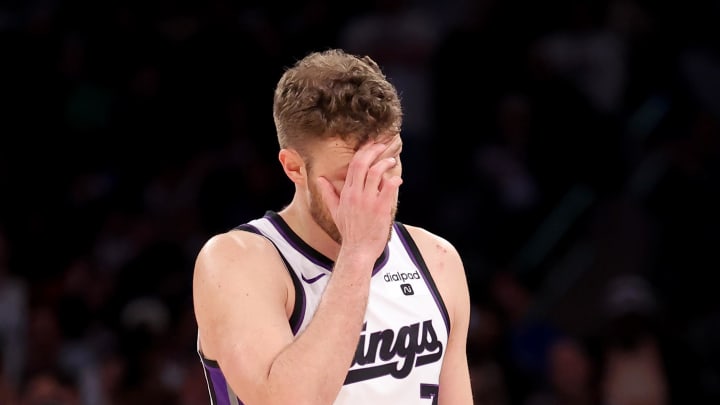 Apr 4, 2024; New York, New York, USA; Sacramento Kings forward Sasha Vezenkov (7) reacts during the third quarter against the New York Knicks at Madison Square Garden. Mandatory Credit: Brad Penner-USA TODAY Sports