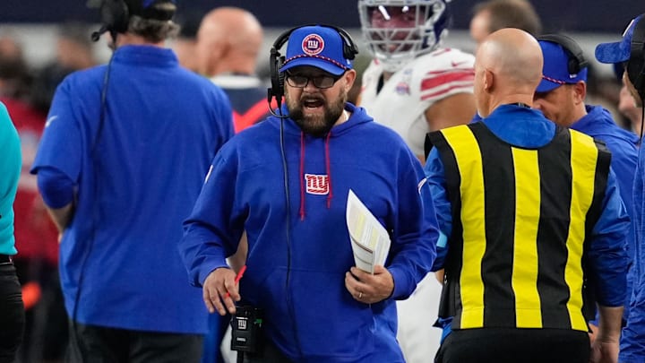 Nov 28, 2024; Arlington, Texas, USA; New York Giants head coach Brian Daboll reacts during the second half againt the Dallas Cowboys at AT&T Stadium. Nov 28, 2024; Arlington, Texas, USA; New York Giants head coach Brian Daboll reacts during the second half againt the Dallas Cowboys at AT&T Stadium.