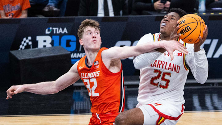 Mar 14, 2025; Indianapolis, IN, USA; Maryland Terrapins center Derik Queen (25) shoots the ball while Illinois Fighting Illini guard Kasparas Jakucionis (32) defends in the second half at Gainbridge Fieldhouse. Mandatory Credit: Trevor Ruszkowski-Imagn Images Mar 14, 2025; Indianapolis, IN, USA; Maryland Terrapins center Derik Queen (25) shoots the ball while Illinois Fighting Illini guard Kasparas Jakucionis (32) defends in the second half at Gainbridge Fieldhouse. Mandatory Credit: Trevor Ruszkowski-Imagn Images