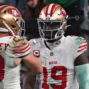 Dec 3, 2023; Philadelphia, Pennsylvania, USA; San Francisco 49ers wide receiver Deebo Samuel (19) celebrates his touchdown with running back Christian McCaffrey (23) against the Philadelphia Eagles at Lincoln Financial Field. Mandatory Credit: Eric Hartline-Imagn Images