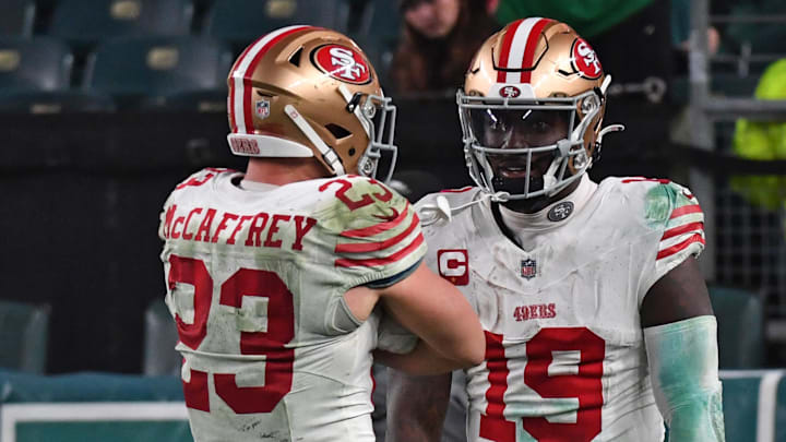 Dec 3, 2023; Philadelphia, Pennsylvania, USA; San Francisco 49ers wide receiver Deebo Samuel (19) celebrates his touchdown with running back Christian McCaffrey (23) against the Philadelphia Eagles at Lincoln Financial Field. Mandatory Credit: Eric Hartline-Imagn Images