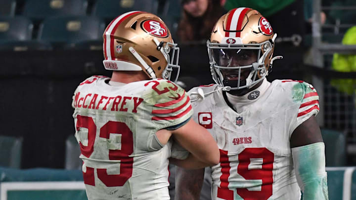 Dec 3, 2023; Philadelphia, Pennsylvania, USA; San Francisco 49ers wide receiver Deebo Samuel (19) celebrates his touchdown with running back Christian McCaffrey (23) against the Philadelphia Eagles at Lincoln Financial Field. Mandatory Credit: Eric Hartline-Imagn Images Dec 3, 2023; Philadelphia, Pennsylvania, USA; San Francisco 49ers wide receiver Deebo Samuel (19) celebrates his touchdown with running back Christian McCaffrey (23) against the Philadelphia Eagles at Lincoln Financial Field. Mandatory Credit: Eric Hartline-Imagn Images