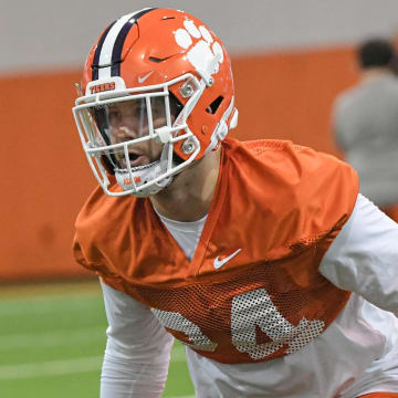 Clemson safety Tyler Venables (24) during the first day of Spring practice at the Poe Indoor Practice Facility at the Allen N. Reeves football complex in Clemson S.C. Wednesday, February 28, 2024.