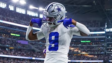 Sep 22, 2024; Arlington, Texas, USA;  Dallas Cowboys wide receiver KaVontae Turpin (9) reacts after scoring a touchdown during the second half against the Baltimore Ravens at AT&T Stadium. Mandatory Credit: Kevin Jairaj-Imagn Images