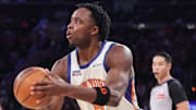 Dec 7, 2025; New York, New York, USA;  New York Knicks forward Og Anunoby (8) takes a three point shot in the second quarter against the Orlando Magic at Madison Square Garden. Mandatory Credit: Wendell Cruz-Imagn Images