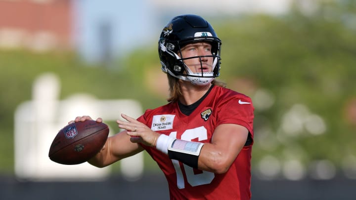 Jacksonville Jaguars quarterback Trevor Lawrence (16) prepares to throw a pass on the fifth day of the NFL football training camp practice session Monday, July 29, 2024 at EverBank Stadium's Miller Electric Center in Jacksonville, Fla..