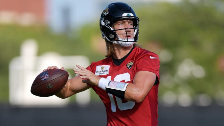 Jacksonville Jaguars quarterback Trevor Lawrence (16) prepares to throw a pass on the fifth day of the NFL football training camp practice session Monday, July 29, 2024 at EverBank Stadium's Miller Electric Center in Jacksonville, Fla.