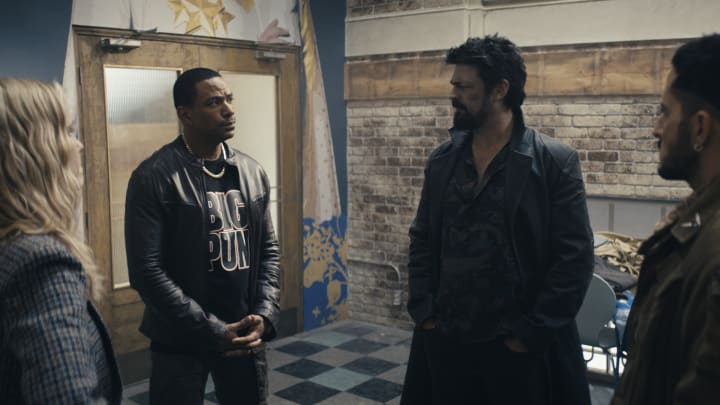 Erin Moriarty (Annie January aka Starlight), Laz Alonso (Mother's Milk), Karl Urban (Billy Butcher), Tomer Capone (Frenchie) in The Boys season 4 - Credit: Prime Video