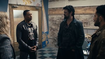 Erin Moriarty (Annie January aka Starlight), Laz Alonso (Mother's Milk), Karl Urban (Billy Butcher), Tomer Capone (Frenchie) in The Boys season 4 - Credit: Prime Video