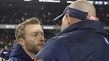 Dec 9, 2018; Chicago, IL, USA; Los Angeles Rams head coach Sean McVay shakes hands with Chicago Bears head coach Matt Nagy after the game at Soldier Field. Mandatory Credit: Quinn Harris-Imagn Images