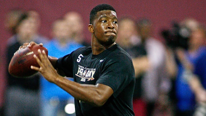 Mar 31, 2015; Tallahassee, FL, USA; Florida State Seminoles quarterback Jameis Winston throws during FSU Football Pro Day at the Albert J. Dunlap Athletic Training Facility. Mandatory Credit: Phil Sears-Imagn Images