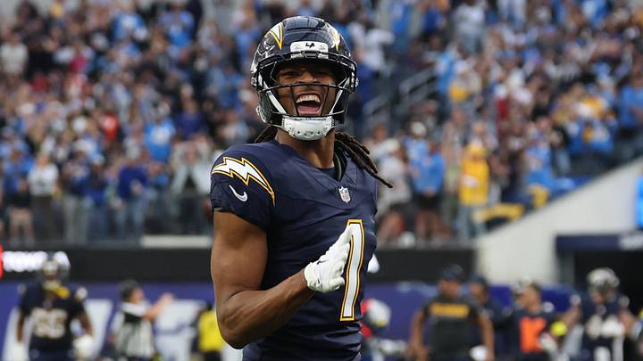 Dec 27, 2025; Inglewood, California, USA;  Los Angeles Chargers wide receiver Quentin Johnston (1) reacts after making a 60-yard reception against the Houston Texans during the first half at SoFi Stadium. Mandatory Credit: Kiyoshi Mio-Imagn Images
