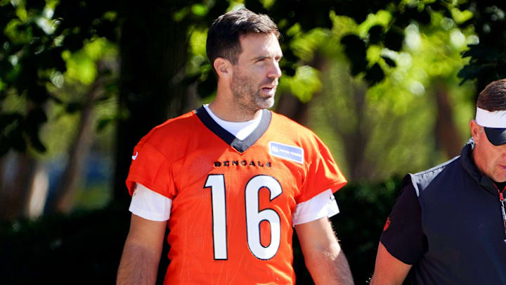Cincinnati Bengals quarterback Joe Flacco (16) walks out of Paycor Stadium to the practice fields, Wednesday, Oct. 8, 2025, in downtown Cincinnati.