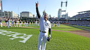 Detroit Tigers designated hitter Miguel Cabrera waves to fans after making his last play at first base as a Tigear during eighth inning action on Sunday, Oct. 1, 2023.