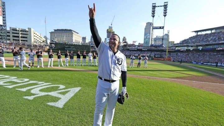 Detroit Tigers designated hitter Miguel Cabrera waves to fans after making his last play at first base as a Tigear during eighth inning action on Sunday, Oct. 1, 2023.