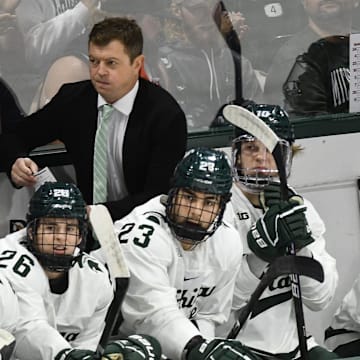 Michigan State hockey coach Adam Nightingale looks on during the Spartans' game against Boston College, Saturday, Oct. 12, 2024, at Munn Ice Arena in East Lansing. MSU won 4-3.