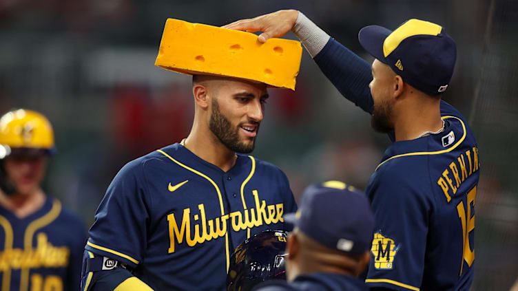 Jul 28, 2023; Atlanta, Georgia, USA; Milwaukee Brewers first baseman Abraham Toro (13) gets a