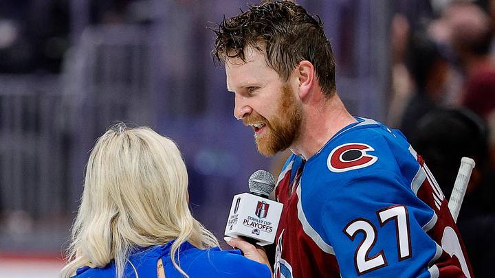 May 13, 2026; Denver, Colorado, USA; Colorado Avalanche defenseman Brett Kulak (27) is interviewed after the game against the Minnesota Wild in game five of the second round of the 2026 Stanely Cup Playoffs at Ball Arena. Mandatory Credit: Isaiah J. Downing-Imagn Images