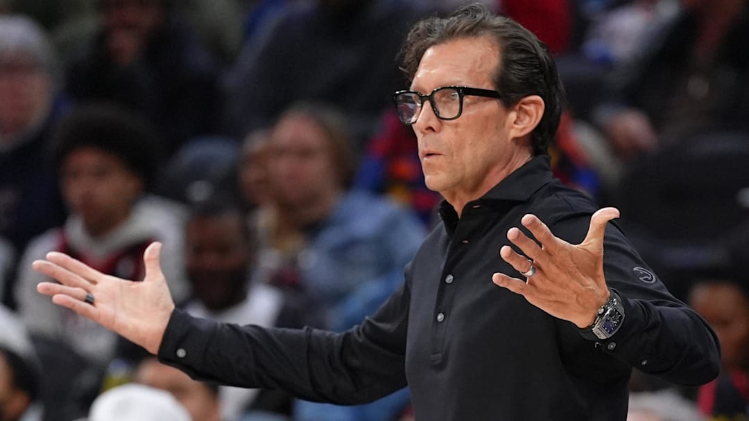 Atlanta Hawks head coach Quin Snyder reacts against the Philadelphia 76ers in the third quarter at Wells Fargo Center.