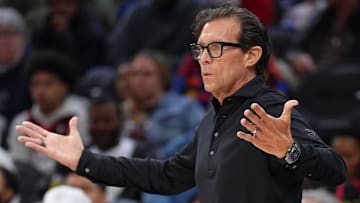 Atlanta Hawks head coach Quin Snyder reacts against the Philadelphia 76ers in the third quarter at Wells Fargo Center.