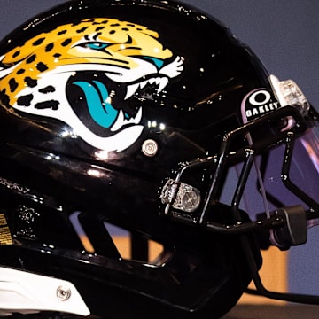 Travis Hunter’s helmet sits on the table before the start fht press conference. The Jacksonville Jaguars first-round pick, Colorado Buffaloes wide receiver and defensive back Travis Hunter answered questions during a press conference Friday, March 25, 2025 at Miller Electric Center in Jacksonville, Fla. [Doug Engle/Florida Times-Union]