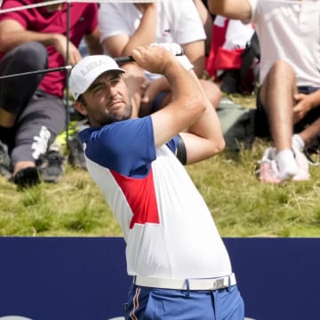 Aug 4, 2024; Saint-Quentin-en-Yvelines, France; Scottie Scheffler on no. 1 during the Paris 2024 Olympic Summer Games at Le Golf National. Mandatory Credit: Michael Madrid-USA TODAY Sports