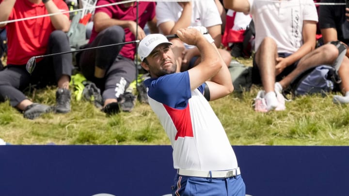 Aug 4, 2024; Saint-Quentin-en-Yvelines, France; Scottie Scheffler on no. 1 during the Paris 2024 Olympic Summer Games at Le Golf National. Mandatory Credit: Michael Madrid-USA TODAY Sports