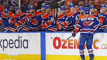 The Edmonton Oilers celebrate a goal scored by forward Ryan Nugent-Hopkins (93) 