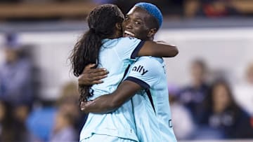  Kansas City Current forward Temwa Chawinga (6) is congratulated by forward Nichelle Prince (8) after she scored a goal against Bay FC  