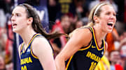 Indiana Fever guards Caitlin Clark and Lexie Hull celebrate during a game between the Indiana Fever and the New York Liberty
