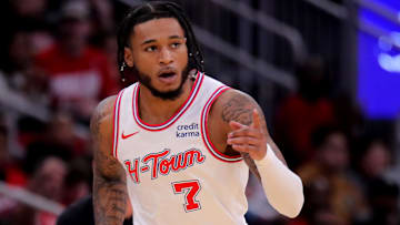 Former Houston Rockets forward Cam Whitmore (7) reacts after a made basket against the Phoenix Suns during the fourth quarter at Toyota Center.