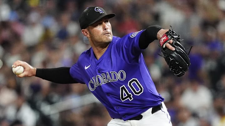 Jul 19, 2025; Denver, Colorado, USA; Colorado Rockies relief pitcher Tyler Kinley (40) delivers a pitch in the eighth inning against the Minnesota Twins at Coors Field. Jul 19, 2025; Denver, Colorado, USA; Colorado Rockies relief pitcher Tyler Kinley (40) delivers a pitch in the eighth inning against the Minnesota Twins at Coors Field.