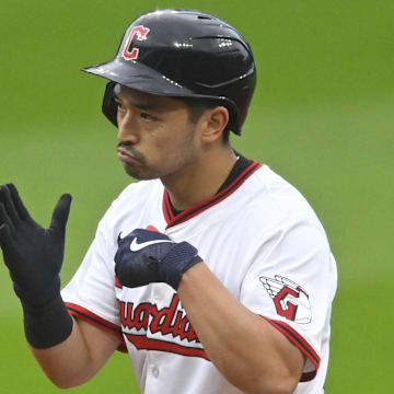 May 13, 2025; Cleveland, Ohio, USA; Cleveland Guardians left fielder Steven Kwan (38) celebrates his double in the third inning against the Milwaukee Brewers at Progressive Field. Mandatory Credit: David Richard-Imagn Images