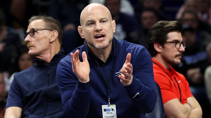Mar 7, 2026; University Park, PA, USA; Penn State Nittany Lions wrestling head coach Cael Sanderson reacts in a 184-pound bout during the quarterfinals of the Big Ten Wrestling Championships at Bryce Jordan Center. Mandatory Credit: Matthew O'Haren-Imagn Images