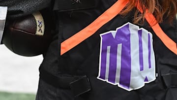 Oct 19, 2024; Pullman, Washington, USA; A general view of a Mountain West logo during the Hawaii Warriors at Washington State Cougars football game during the first half at Gesa Field at Martin Stadium. Mandatory Credit: James Snook-Imagn Images