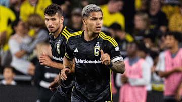 Columbus Crew forward Cucho Hernandez (9) celebrates his second goal of the game in the second half against the Philadelphia Union 