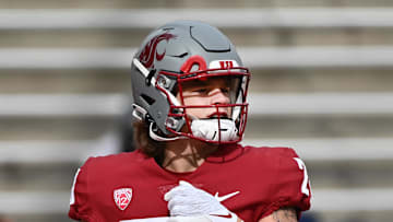 Oct 9, 2021; Pullman, Washington, USA; Washington State Cougars running back Kannon Katzer (28) warms up before a game against the Oregon State Beavers at Gesa Field at Martin Stadium. Mandatory Credit: James Snook-Imagn Images