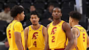 Nov 14, 2025; Inglewood, California, USA;  Southern California Trojans guard Rodney Rice (1) and forward Jacob Cofie (6) and forward Chad Baker-Mazara (4) and forward Ezra Ausar (2) and forward Terrance Williams II (5) huddle during the first half of the Hall of Fame Series game against the Illinois State Redbirds at Intuit Dome. Mandatory Credit: Kiyoshi Mio-Imagn Images