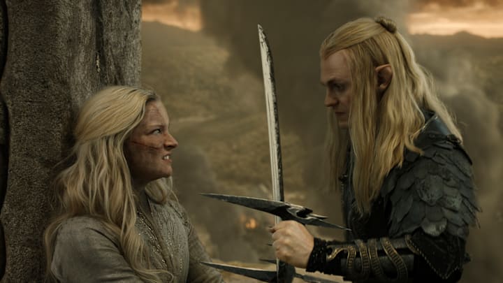 Morfydd Clark as Galadriel; Charlie Vickers as Sauron