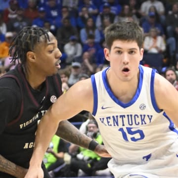 Mar 15, 2024; Nashville, TN, USA; Kentucky Wildcats guard Reed Sheppard (15) drives down the lane against the Texas A&M Aggies during the second half at Bridgestone Arena. Mandatory Credit: Steve Roberts-USA TODAY Sports